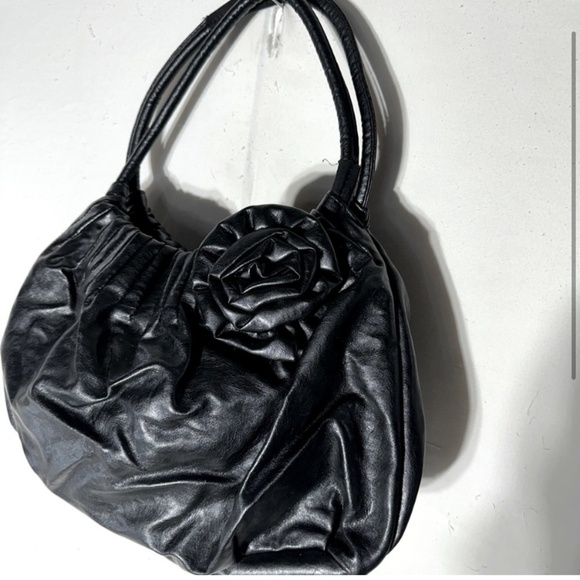 5/$25 American Eagle Black Faux Leather Purse Shoulder Bag With Flower - Picture 2 of 11